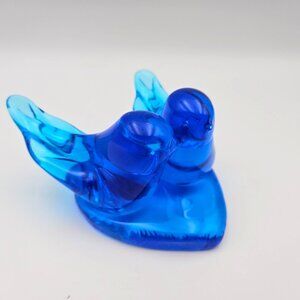 Double Bluebird Of Happiness on Heart Art Glass Blue Figurine Leo Ward 1994